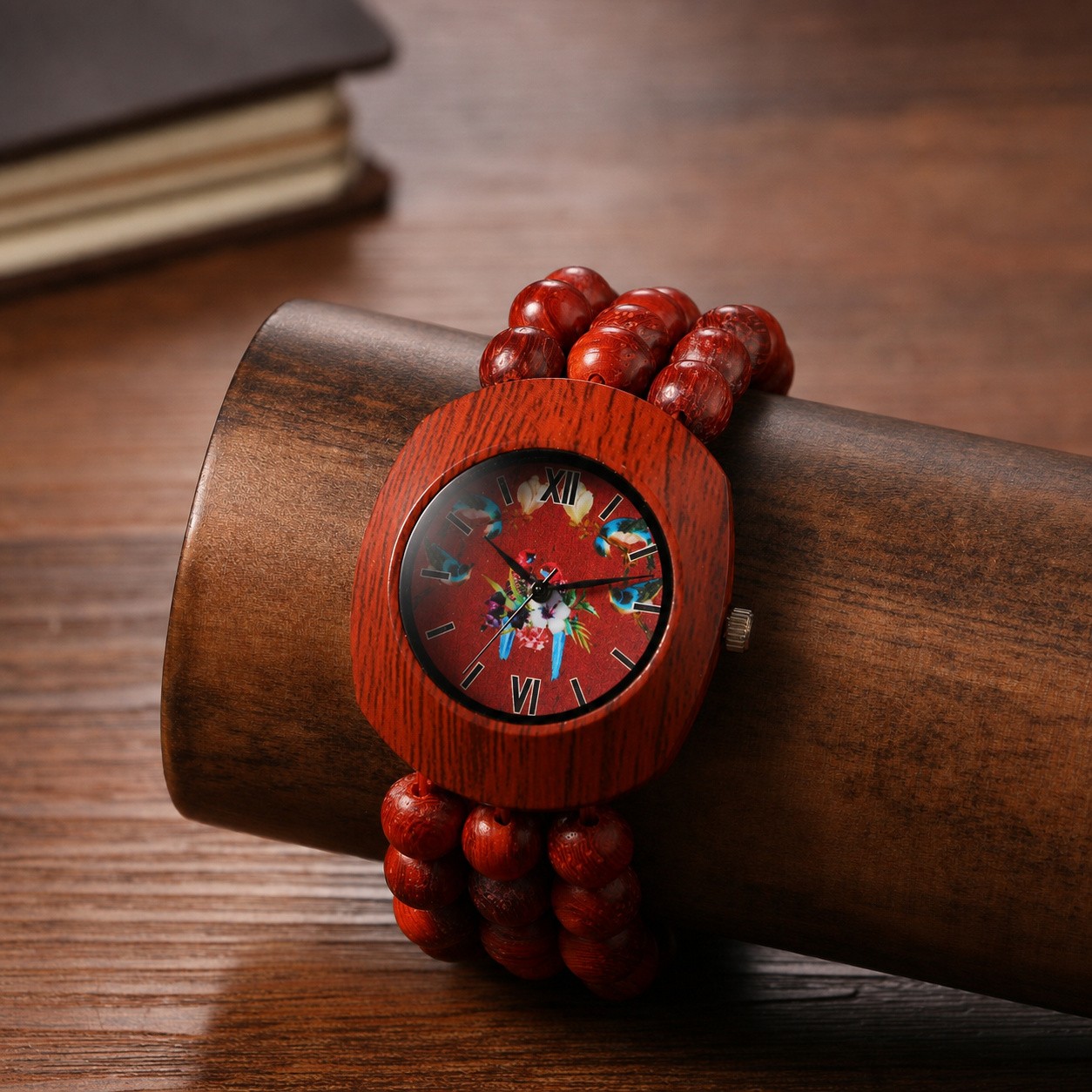 Women’s Bohemian Tonneau Wood Beaded Band Floral Dial Analog Quartz Wrist Watch