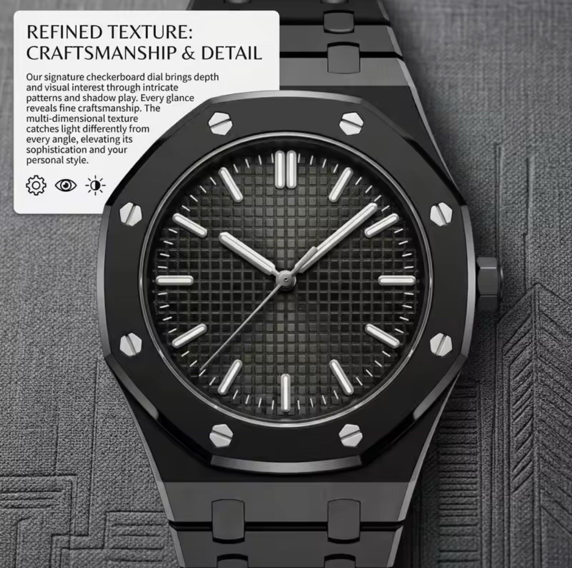 Men’s Analog Wristwatch Black Tapisserie Dial Octagon Bezel Metal Bracelet