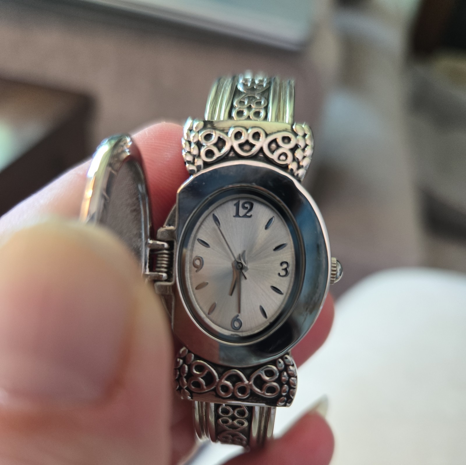 Hidden Dial Womens Watch Silver Tone Faux Turquoise Bangle Cuff