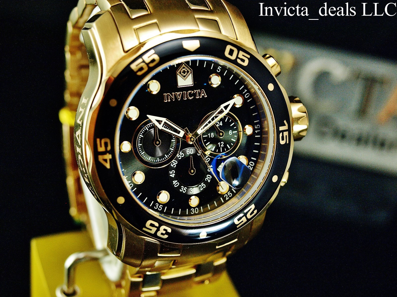 Invicta Men 48mm Pro Diver SCUBA Chronograph Black Dial 18k Gold Plated SS Watch