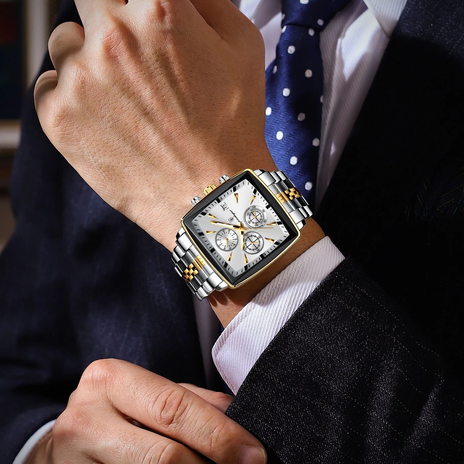 2024 POEDAGAR Luxury Men’s Quartz Watch Square 3Bar Chronograph Stainless Steel