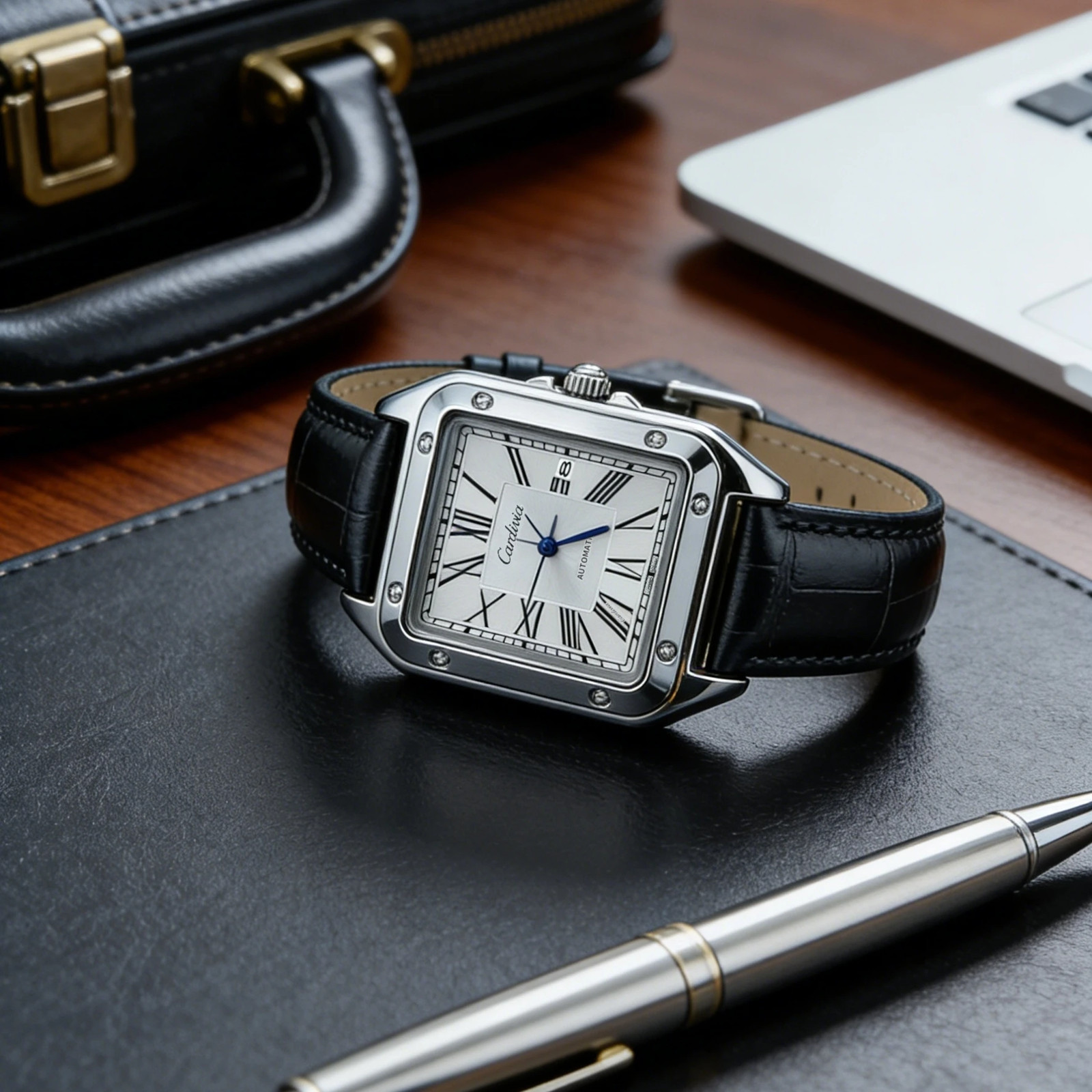 Men’s Square Quartz Watch Roman Numeral Leather Strap Date Waterproof Dress