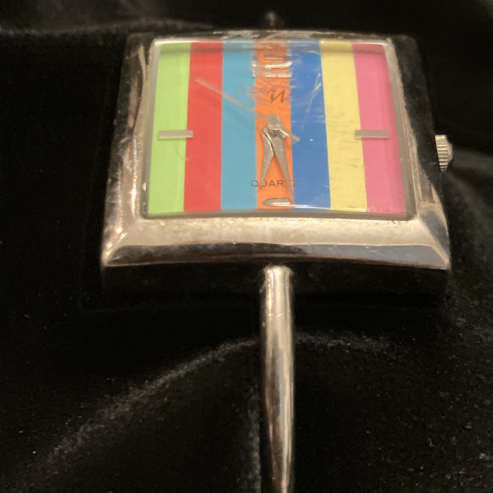CW Red Green Blue Yellow Square Face Striped Rainbow Watch Stainless Steel Works