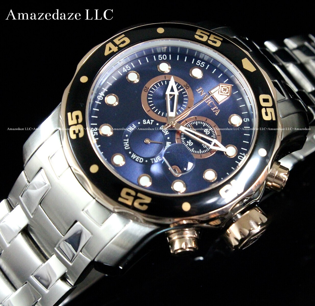 NEW Invicta Men 48mm Pro Diver Scuba Chronograph Rose Tone/BLUE DIAL SS Watch !!