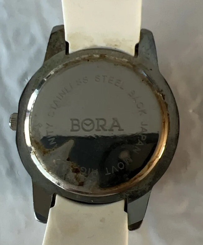 Bora Watch Womens Silver Tone Gem Set Bezel Round Dial 38mm White Band