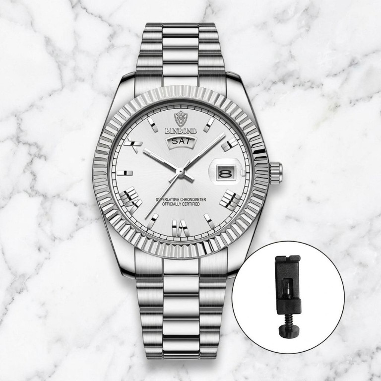 Men Beveled White Dial Business Watch Stainless Steel Quartz Luminous Wristwatch