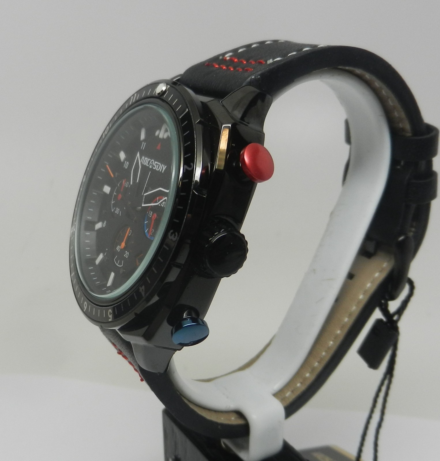 Men’s 45mm Black Textured Chronograph Date Dial W/ Leather 24HR Dial Sport Watch