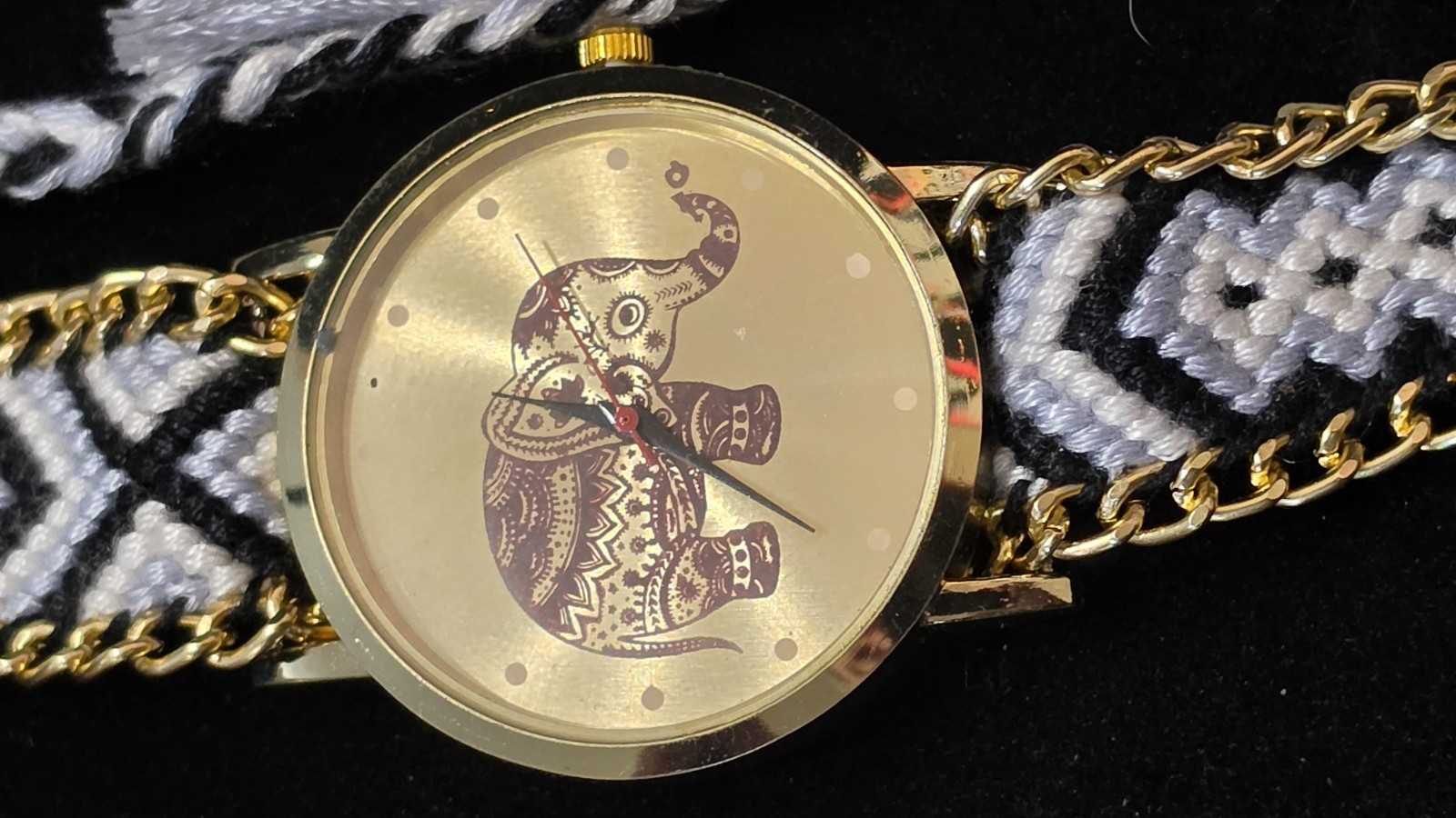 Women’s Elephant Dial Wrap Wristwatch Gold Tone Case Black/White Fabric Strap