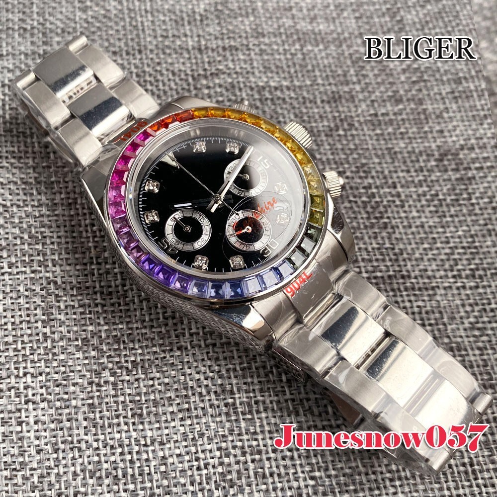 Bliger Men Watch Black Dial Quartz Chronograph Date Function Multicolour Bezel