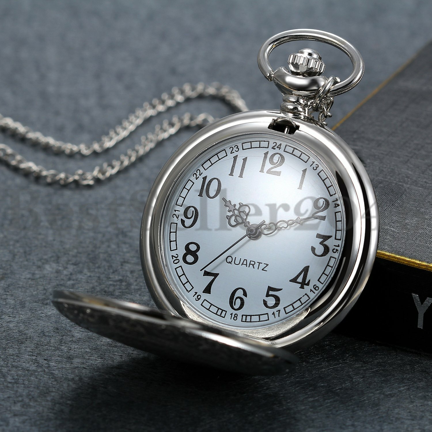 Vintage Pocket Watch Quartz Pendant Necklace Steampunk Carved Pattern 24H Dial
