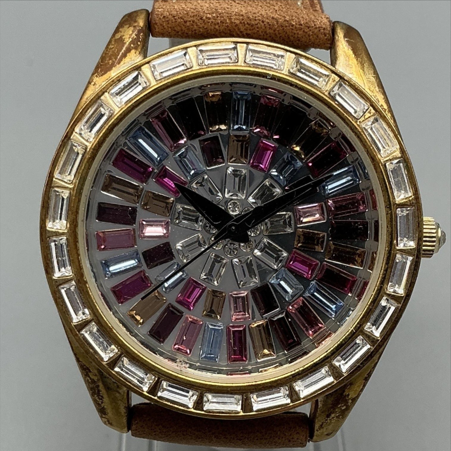 Adrienne Womens Watch 41mm Multicolor Gem Dial Gold Tone Brown Strap New Battery