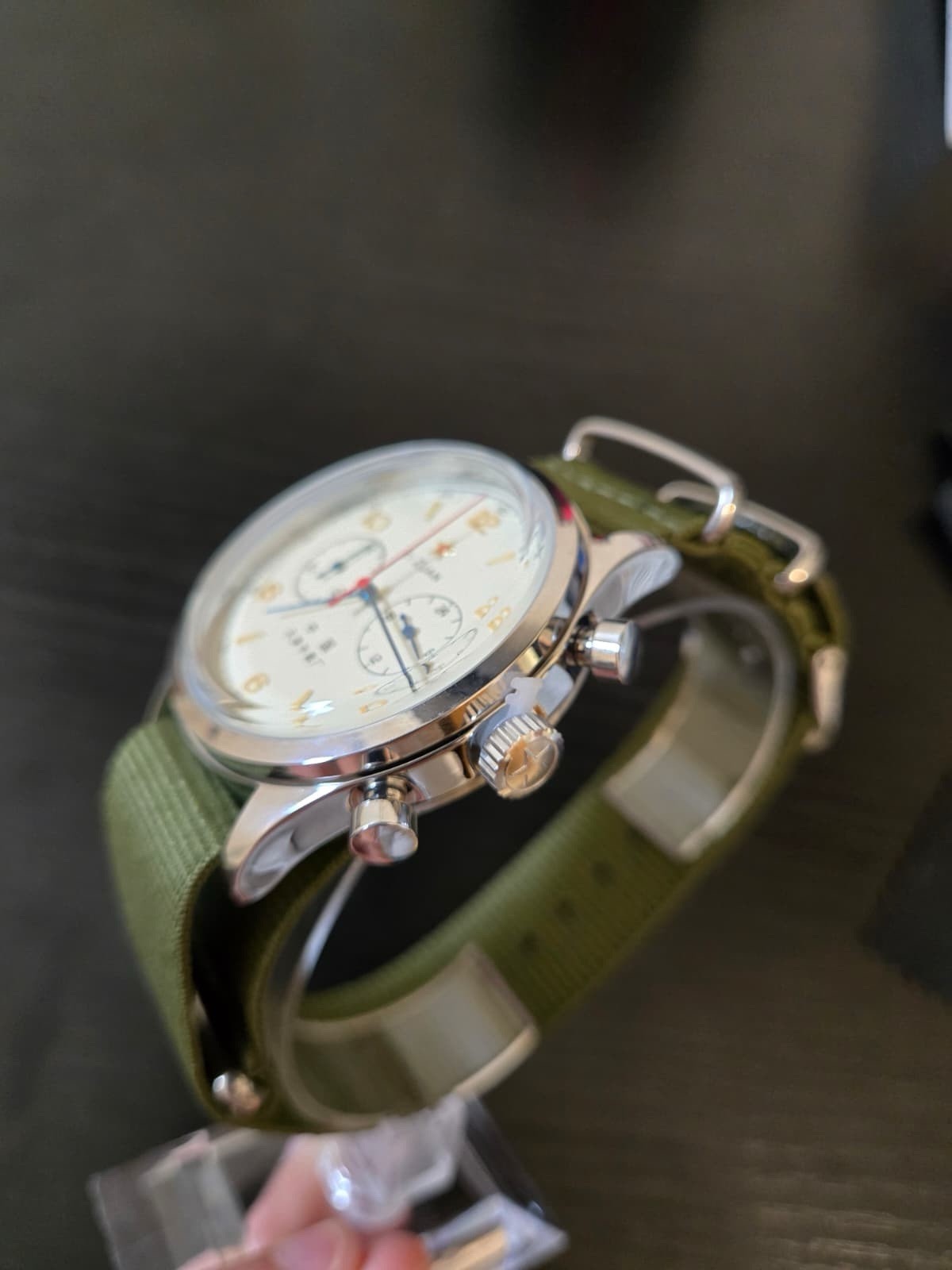 Homage Seagull 1963 Chronograph Quartz 42mm Rice White Dial Green NATO Strap