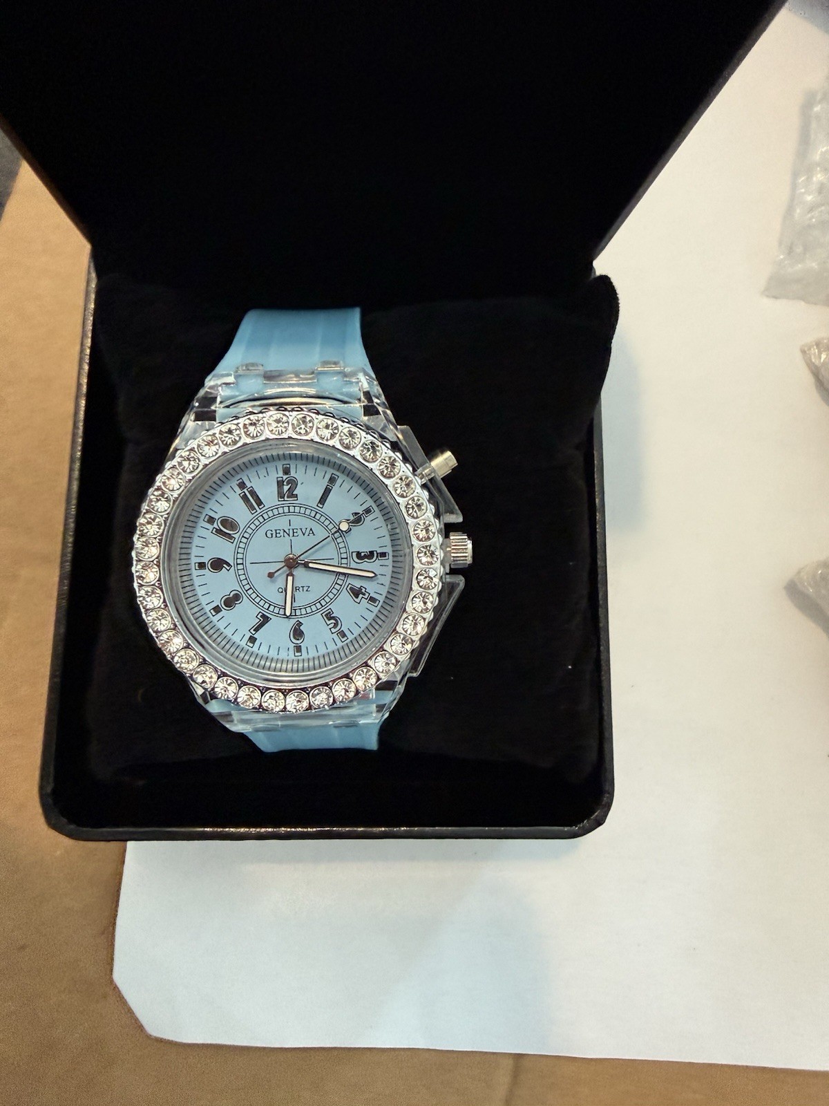 Geneva Quartz Women’s Analog Wristwatch Blue Dial Silicone Strap Gem Bezel Box