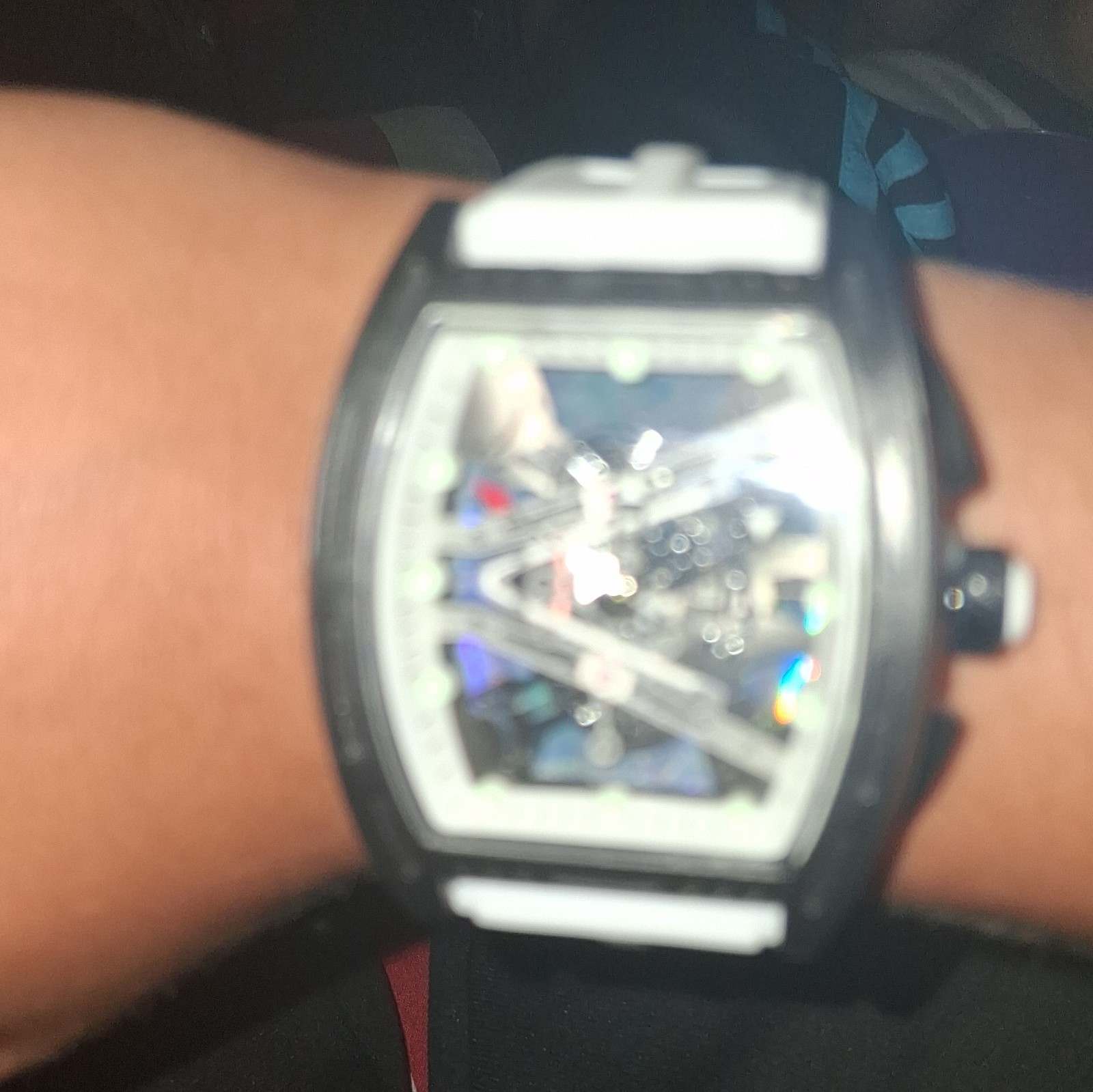 Skeleton Tonneau Analog Wristwatch Black Plastic Case White Rubber Strap