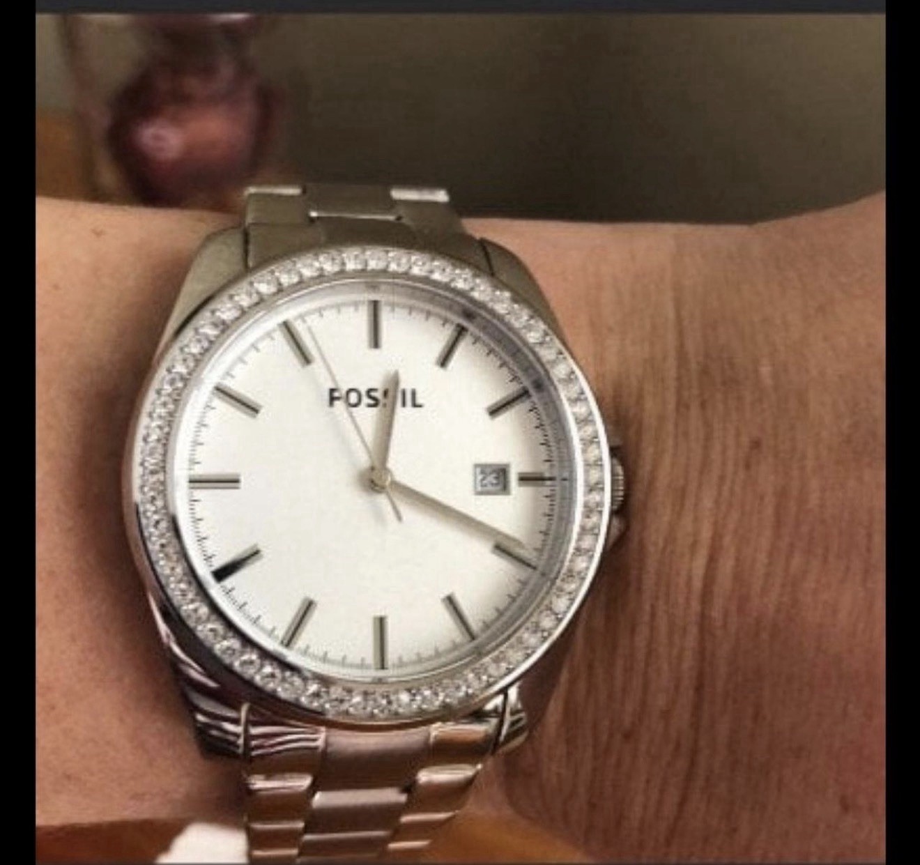 Fossil Silver Analog Wristwatch Gem-Set Bezel Date Indicator Original Box