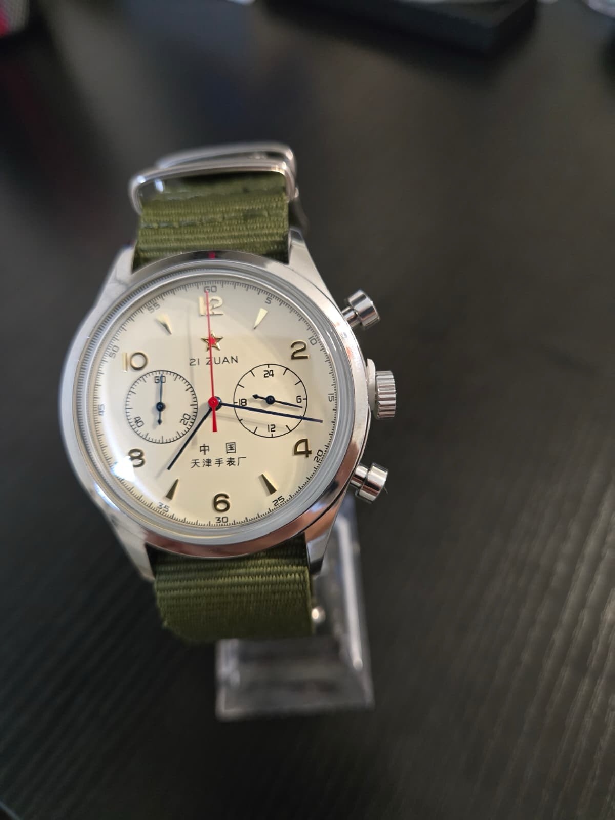 Homage Seagull 1963 Chronograph Quartz 42mm Rice White Dial Green NATO Strap