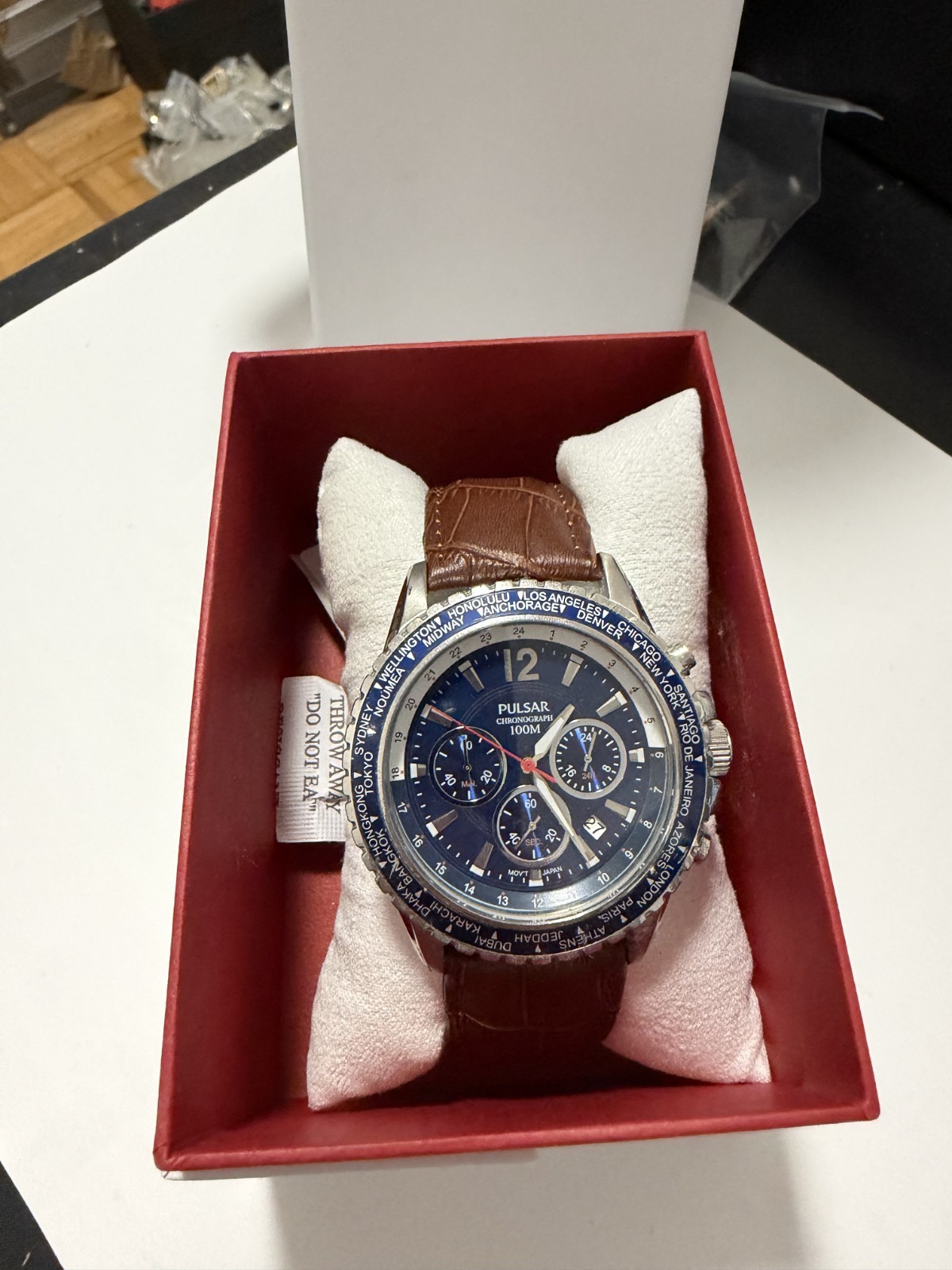 PULSAR PT3579 MEN’S VD53-X156 100M CHRONOGRAPH ANALOG Leather Band WATCH
