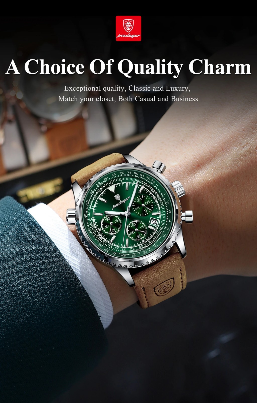 POEDAGAR Luxury Men Quartz Watch Waterproof Chronograph Leather Best Gift