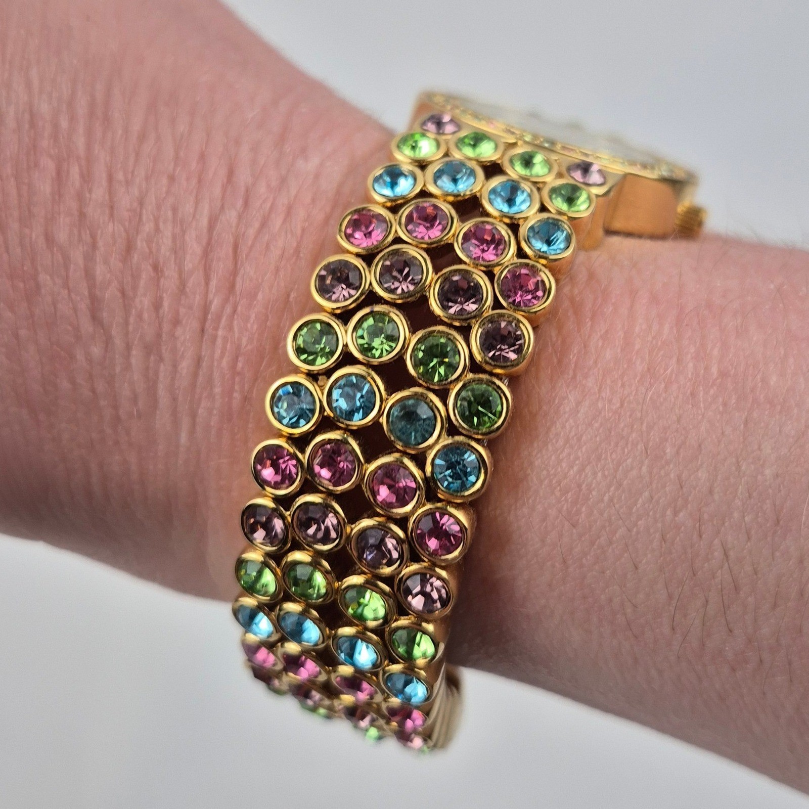 Joan Rivers Classics Gold Tone Rainbow Crystal Bangle Watch V377 Untested