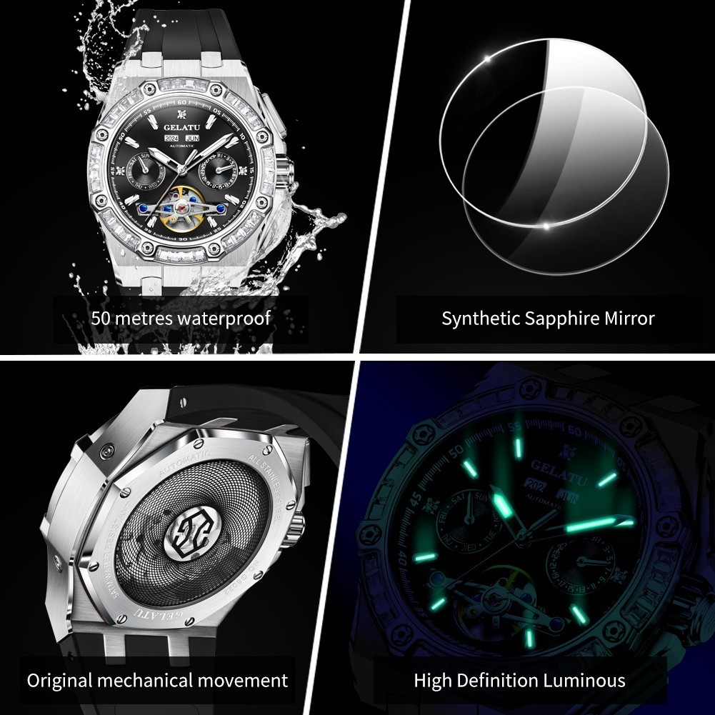 GELATU Automatic Mechanical Men’s Watch, Luminous, Waterproof, Complete Calendar