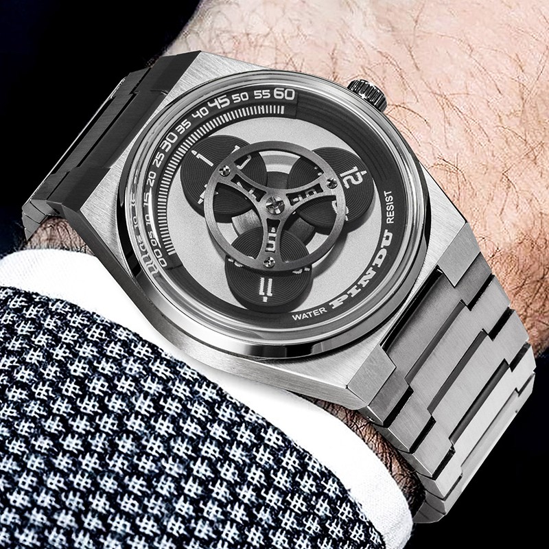PINDU Men’s Automatic Watch Unique Rotating Disc Dial Miyota 8215 Luminous Leath