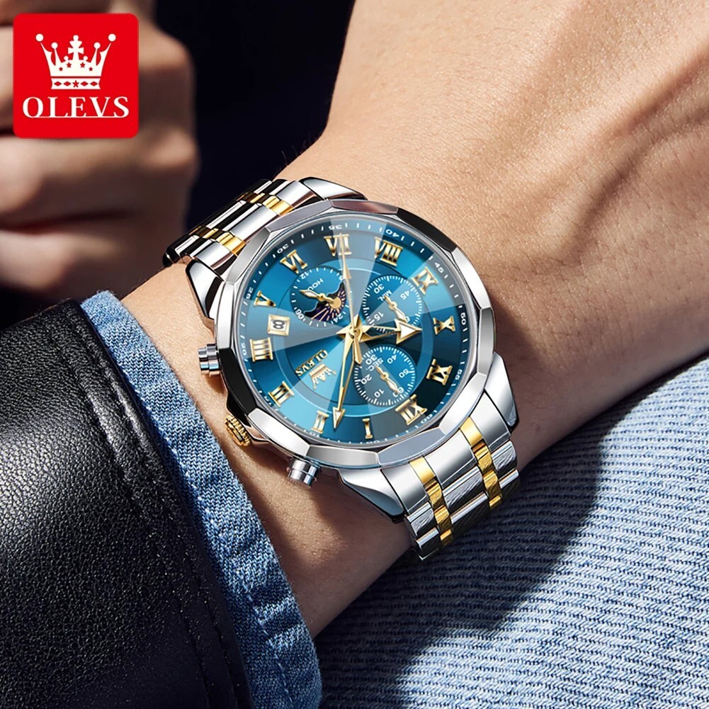 OLEVS Waterproof Watch Men’s Quartz Luminous Luxury Steel Stainless Men Strap
