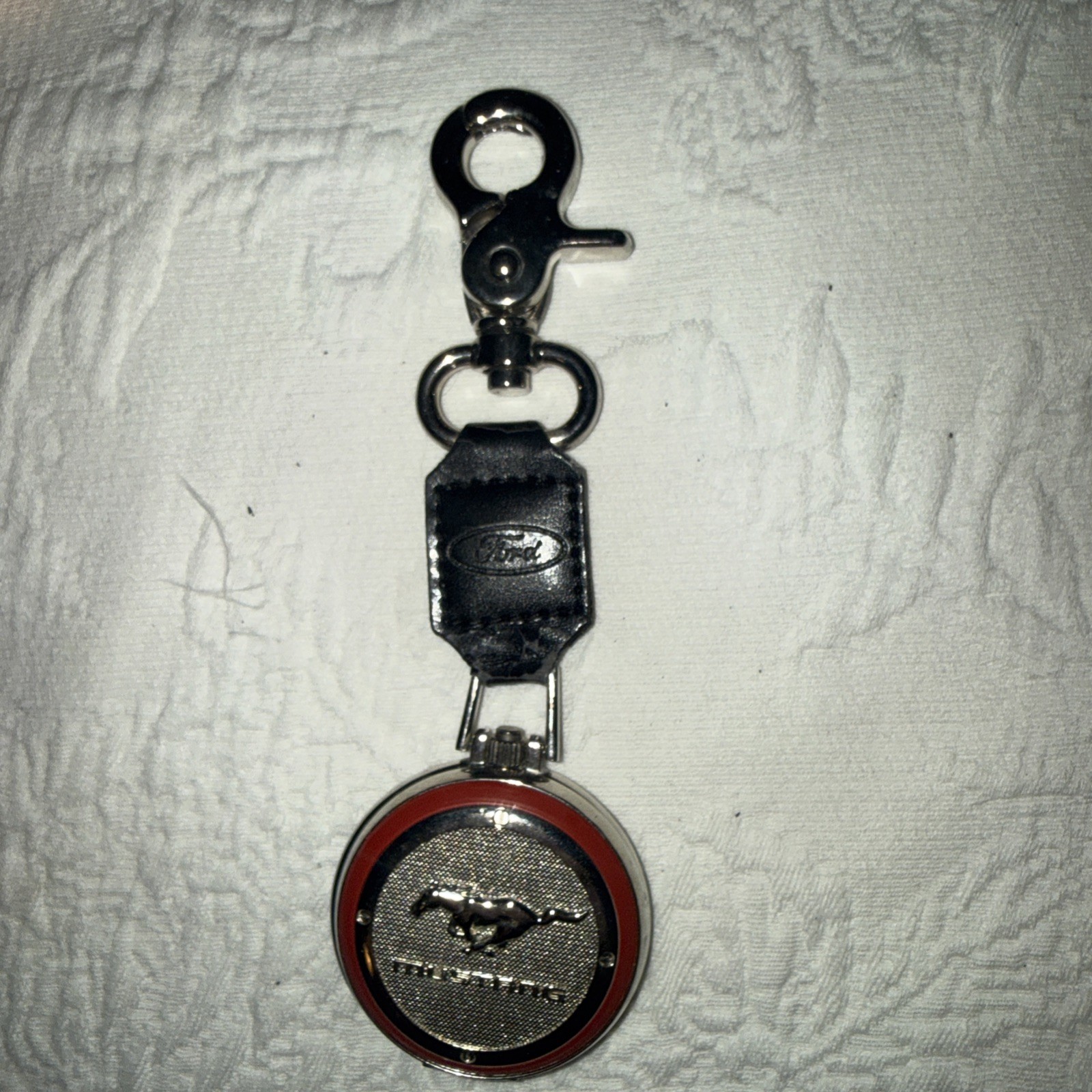VTG Ford Mustang Silver Tone Pocket Watch w/Flip Cover & Clip Needs Battery