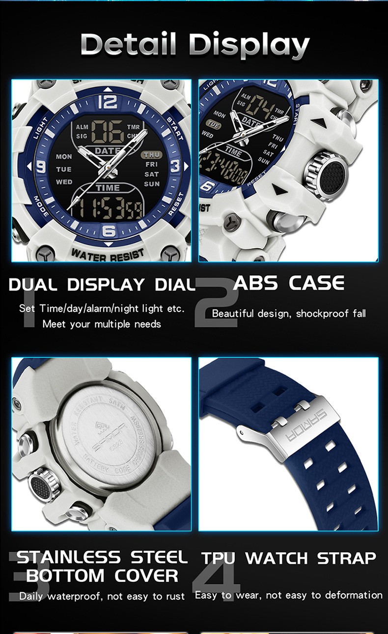 Trendy dual display dial multifunctional sports style quartz waterproof watch