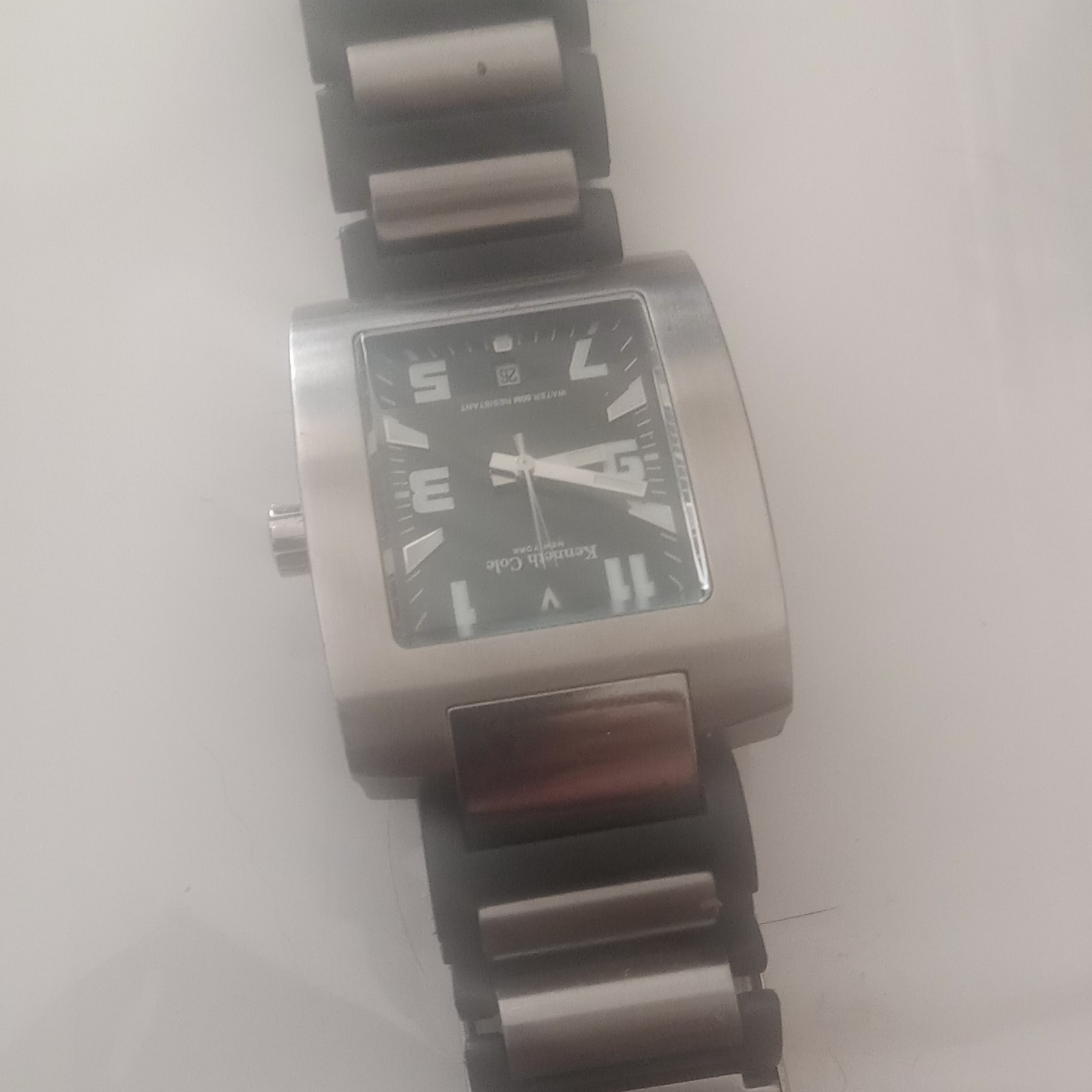 Kenneth Cole Quartz Rectangle Watch Date 30m Black Dial Arabic Two-Tone Bracelet