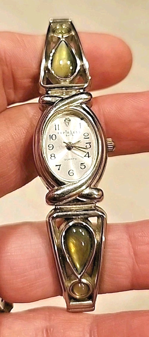 Vintage Silver Stretch Watch Green Yellow Cats Eye Moonstone Quartz LA EXPRESS