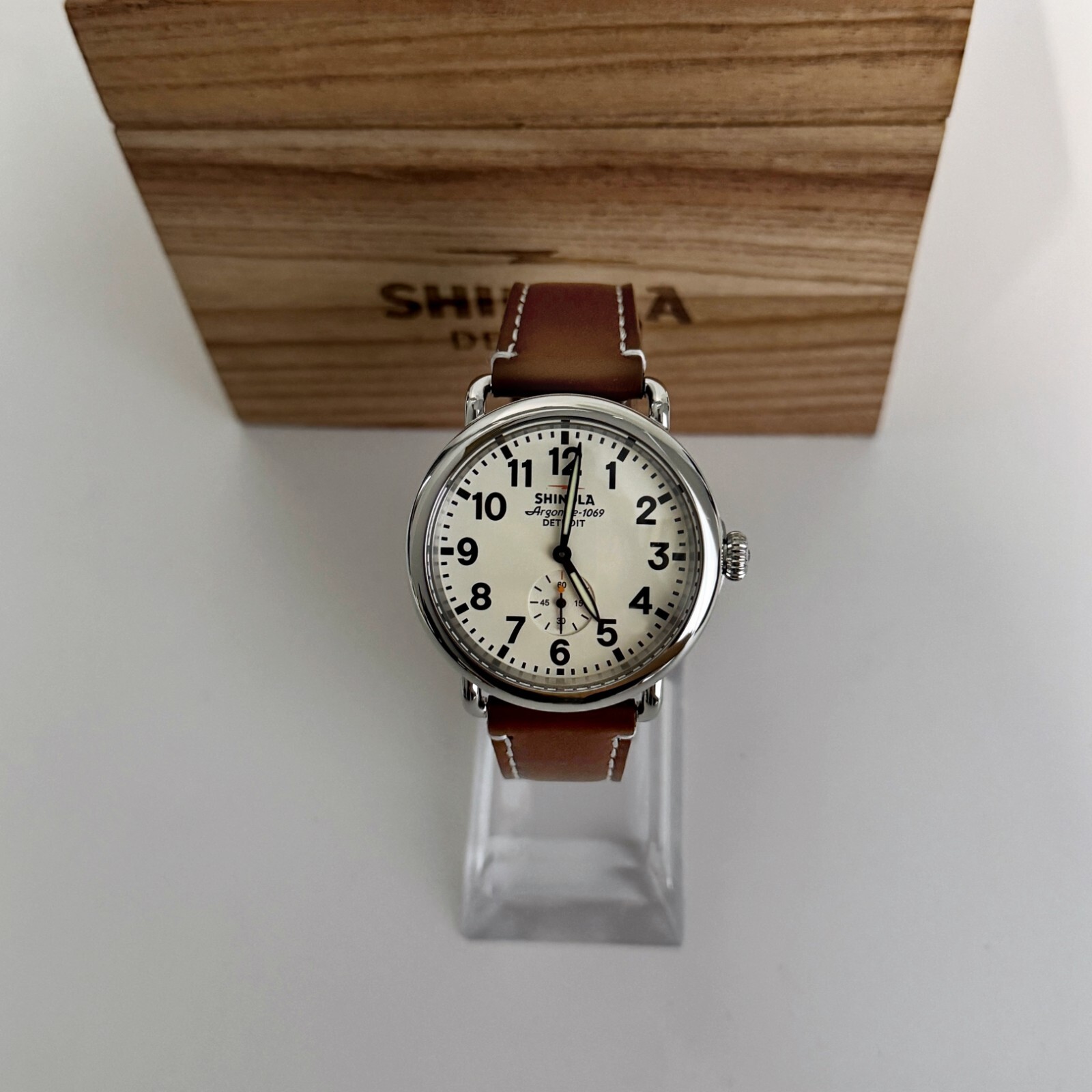 Shinola The Runwell Cream Dial Tan Leather Strap Chronograph Quartz Watchs 41mm