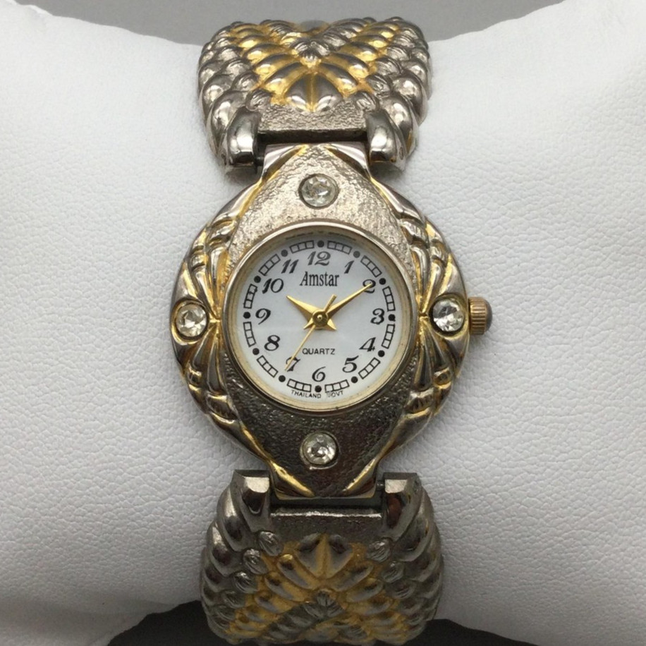Amstar Womens 26mm Watch Two Tone Bracelet Rhinestone Bezel New Battery 6.75″
