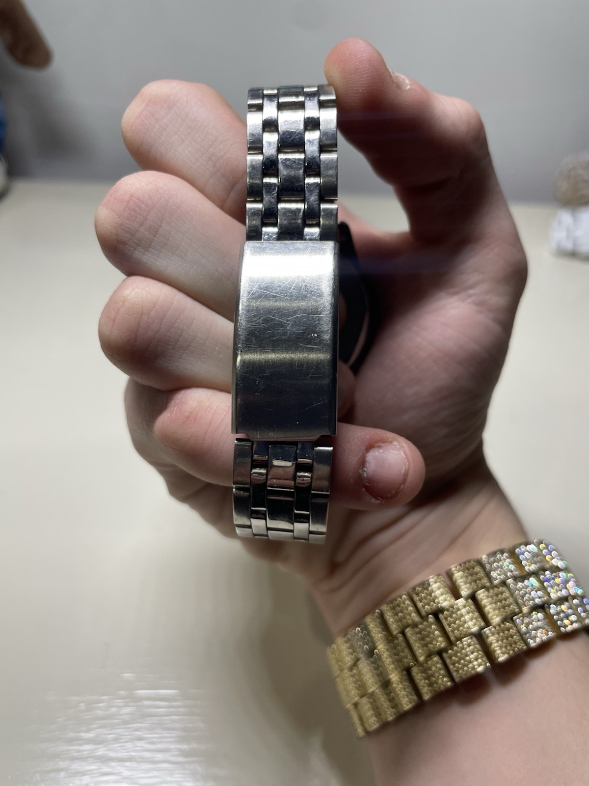 Silver Gem-Set Bezel Chronograph Analog Wristwatch, White Dial, Steel Bracelet