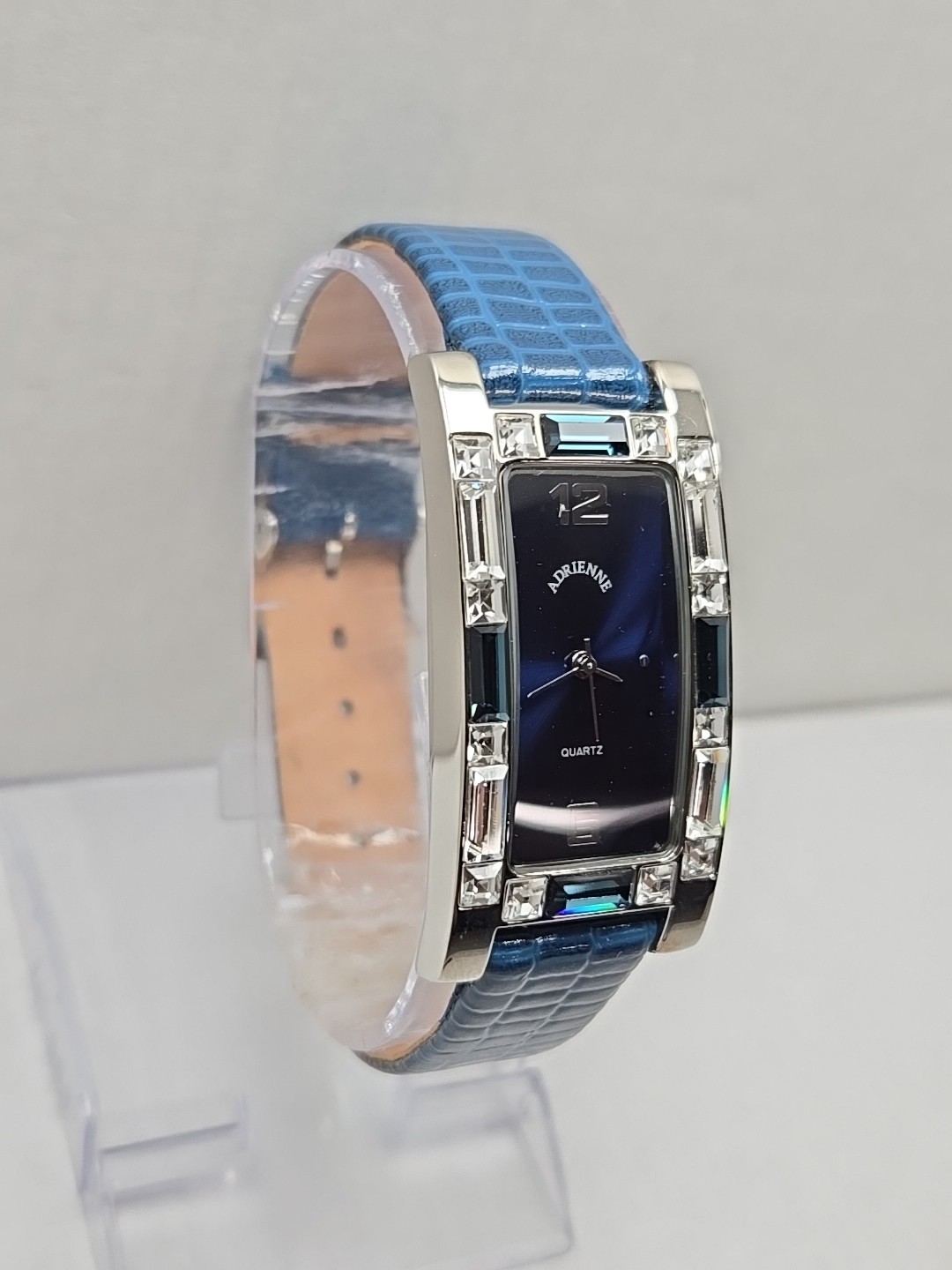 Adrienne Crystal Bezel Blue Alligator Leather Strap Womens Watch New Battery