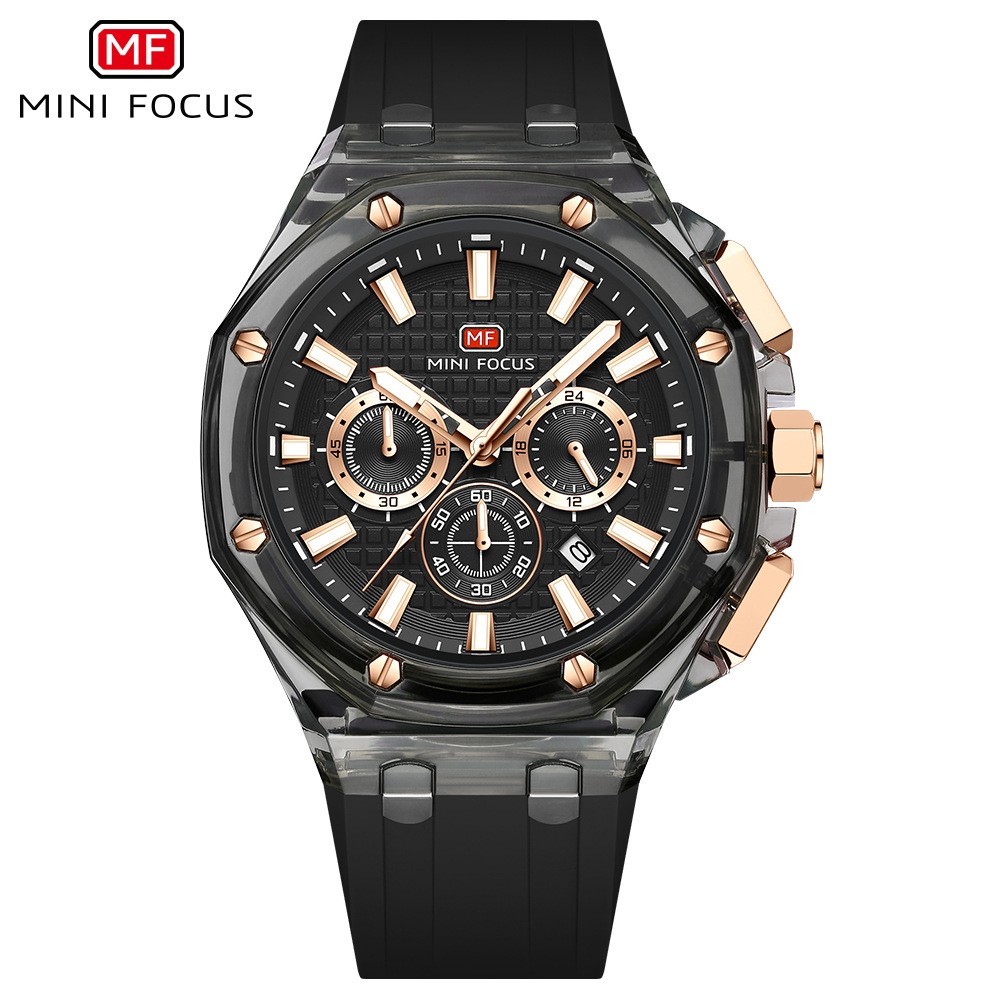 MINI FOCUS Men Transparent Case Multifunction Chronograph Calendar Quartz Watch