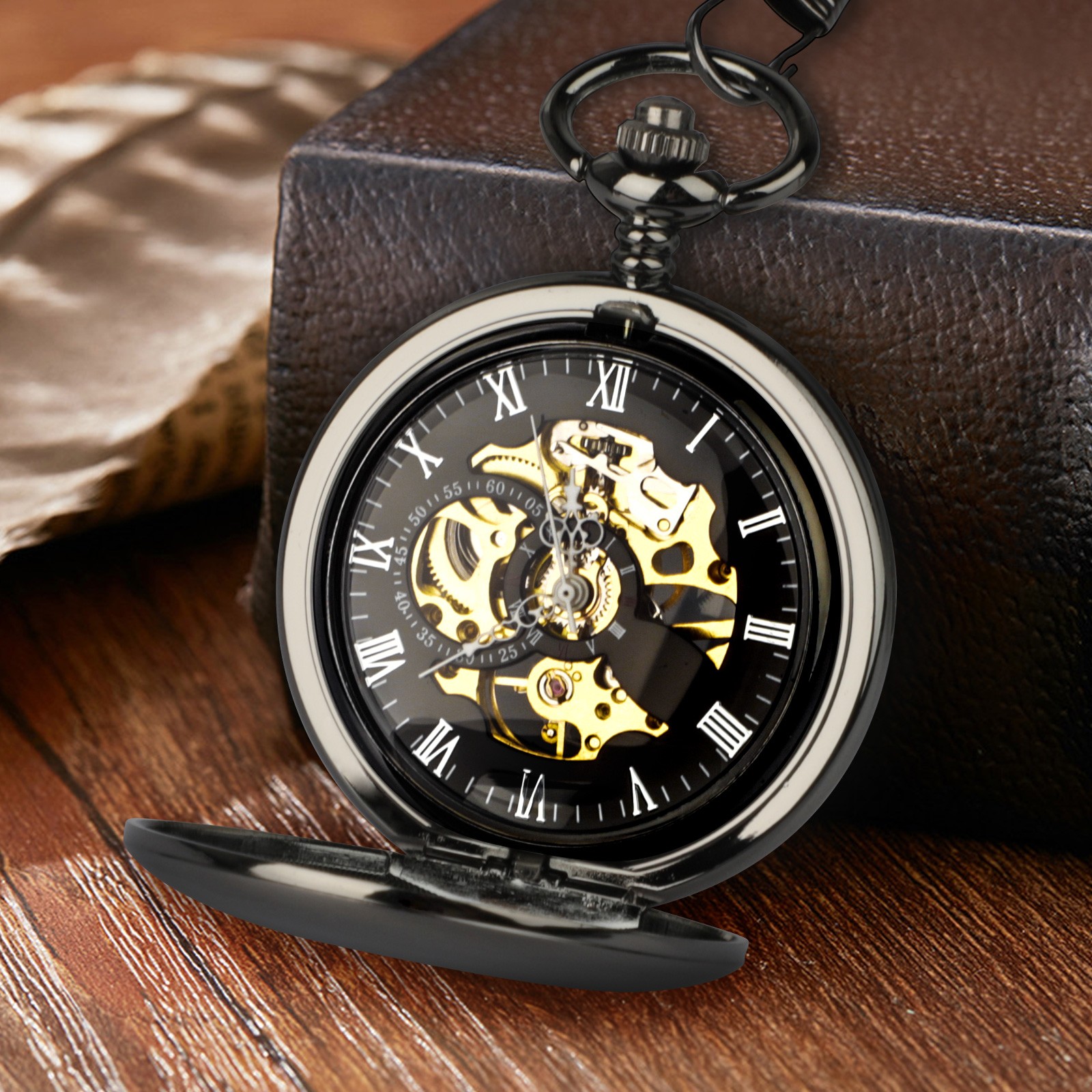 Mens Pocket Watch Mechanical Black Steampunk Skeleton Retro Chain Luxury Classic