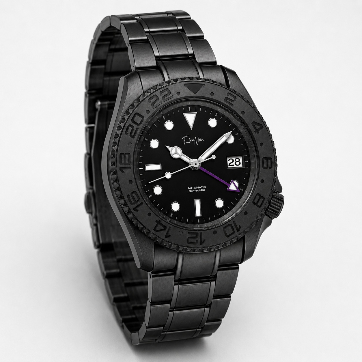 Élan Noir Automatic Day Date GMT Watch 41mm BlackOut NH35 Stainless Steel Purple