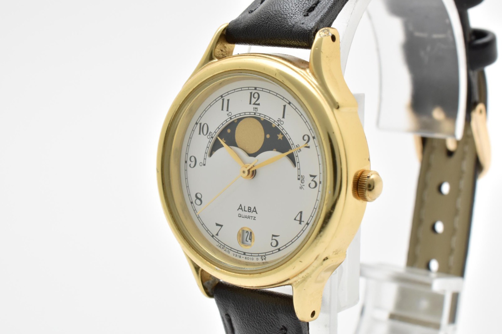 【Exc+5】 SEIKO ALBA V318-6010 Moon Gold Date 28mm Quartz Watch From JAPAN