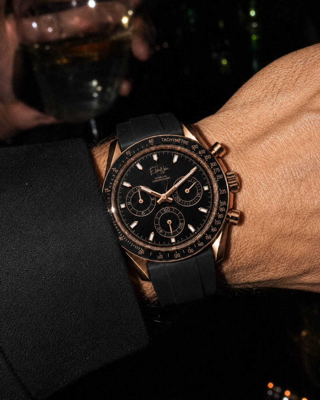 ÉlanNoir Chronograph Watch VK63 Black Dial Rose Case Sapphire Crystal Steel 40mm