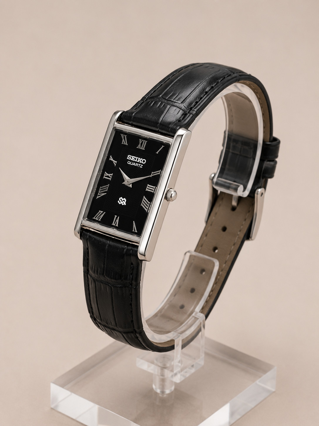 Vintage Refurbished Seiko Quartz Black Dial Rectangular Dress Watch Silver Tone