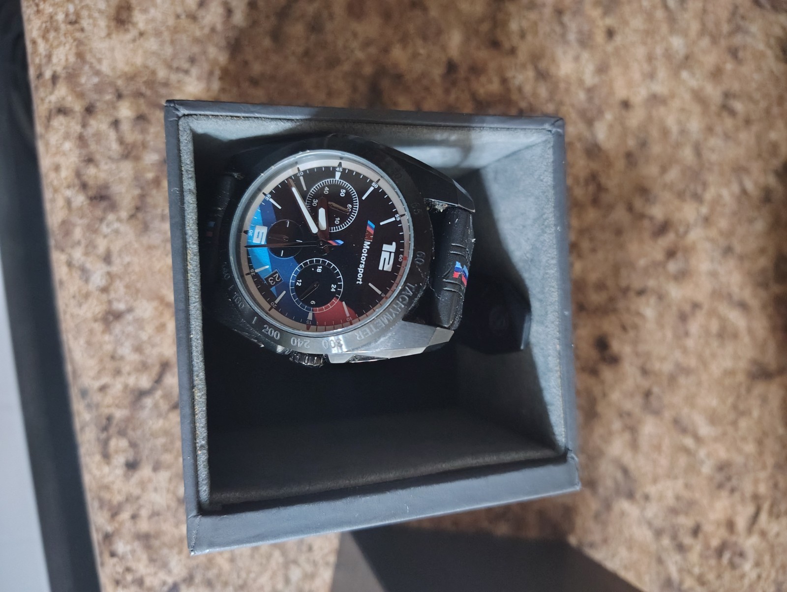 BMW Motorsport Chronograph Quartz Black Dial Leather Strap Watch w/ Box 100m
