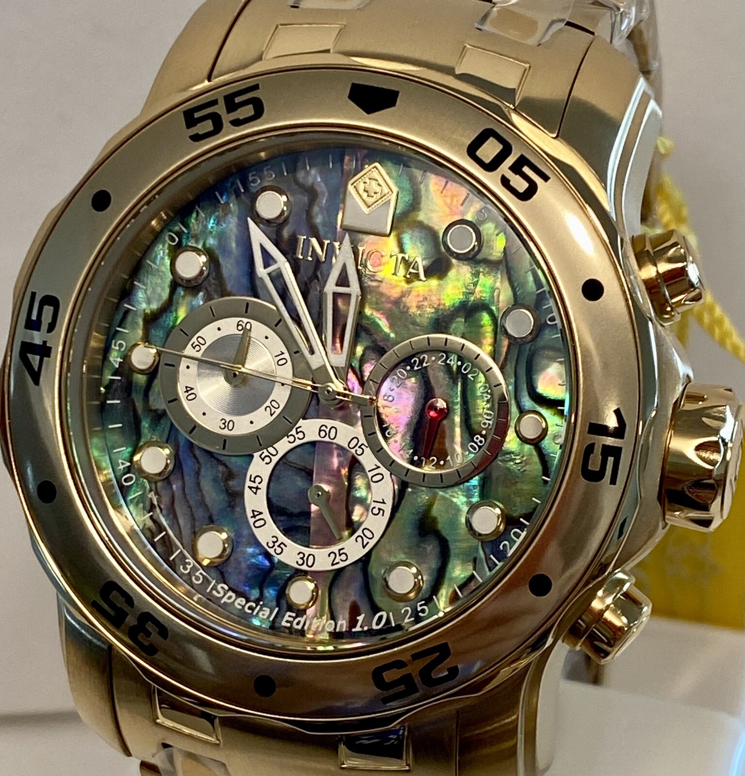Invicta Abalone 48mm Goldtone Pro Diver Scuba Chrono Bracelet Quartz Mens Watch