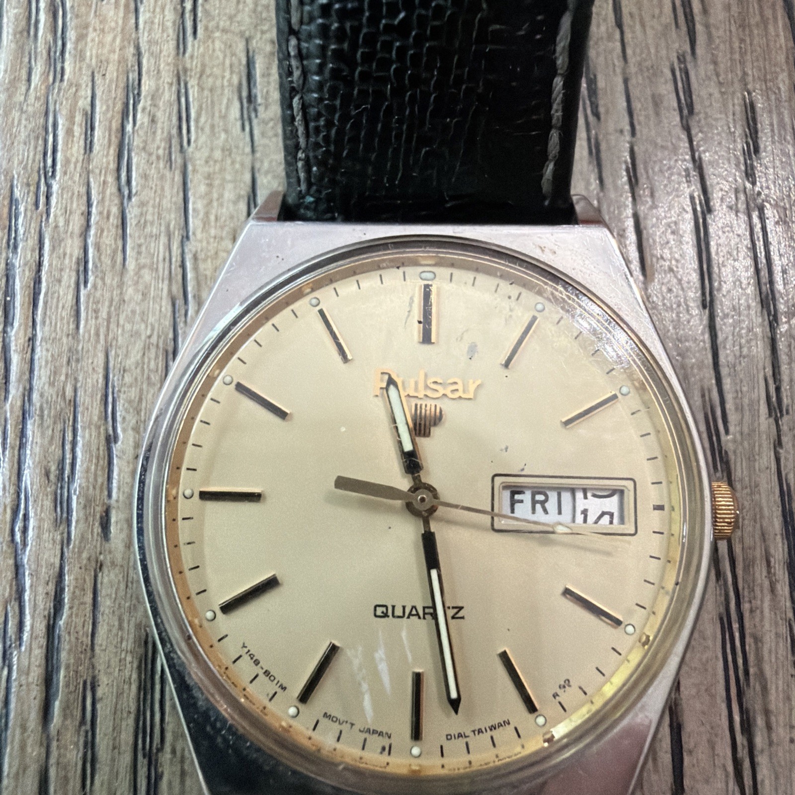 Vintage PULSAR Watch Gold Tone DAY DATE Quartz w/ Kreisler black Leather Band