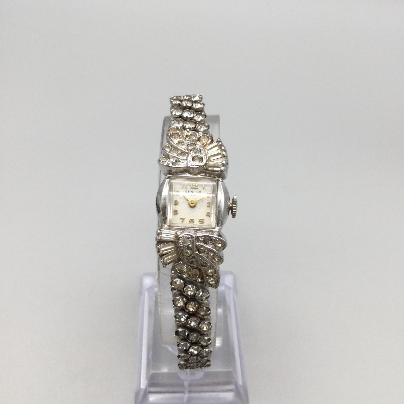 Vintage Geneva Womens Watch 16mm Silver Dial Rhinestone Stretch Band Manual Wind