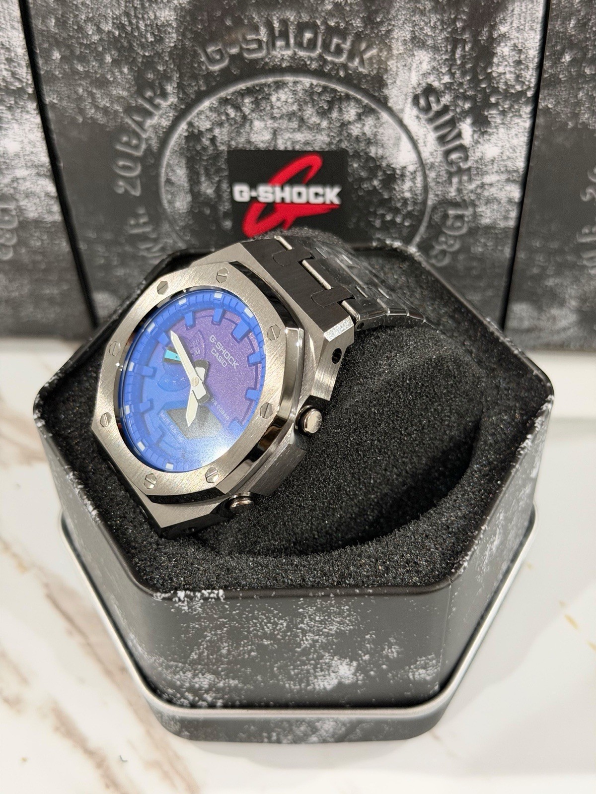 Casio GA-2100 G-Shock Watch – Sandblasted Metal Case Mod – Blue Dial
