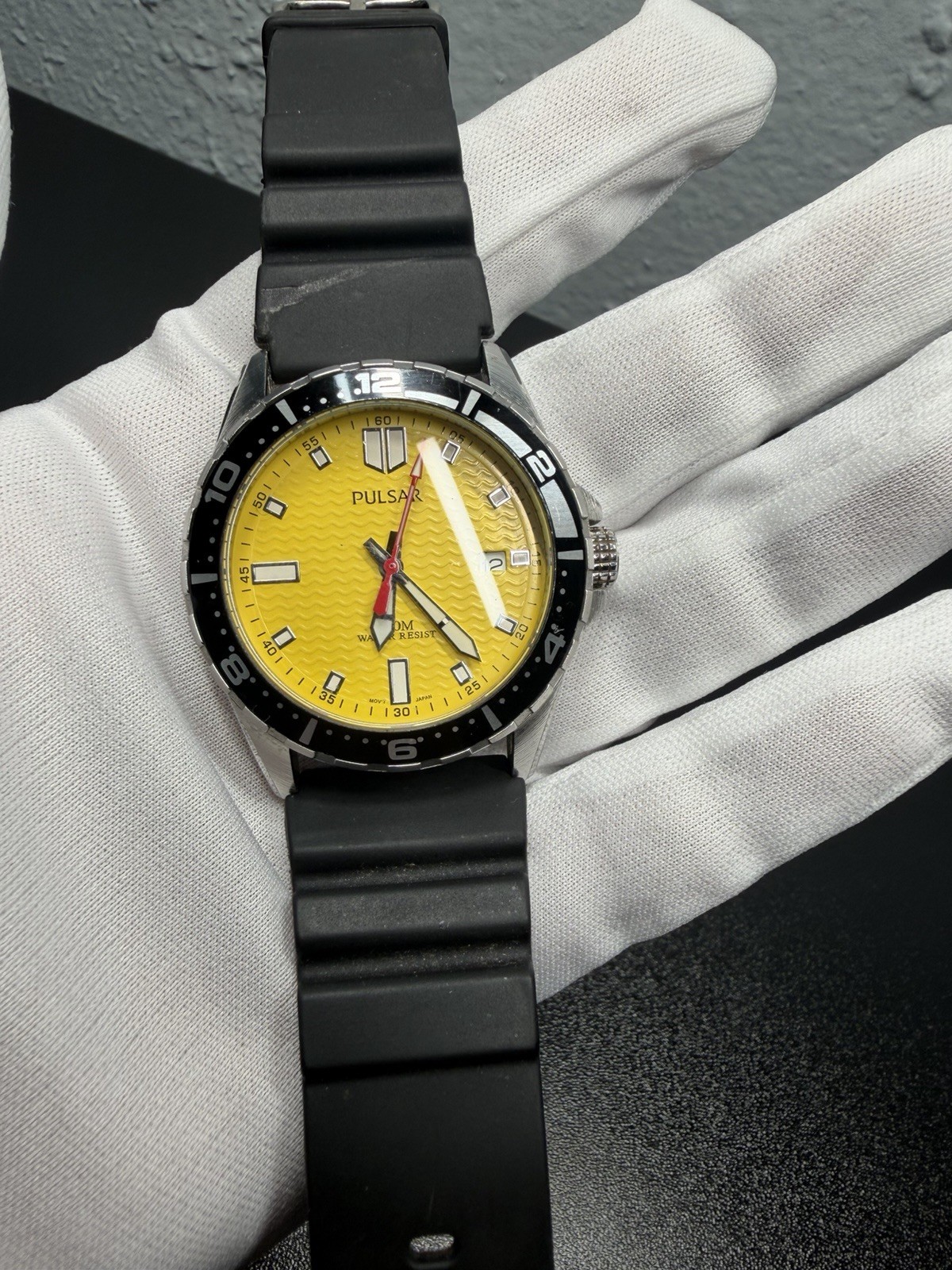 Pulsar Sea Drive Men’s Diver Quartz 100m 42mm Yellow Dial Black Rubber Date
