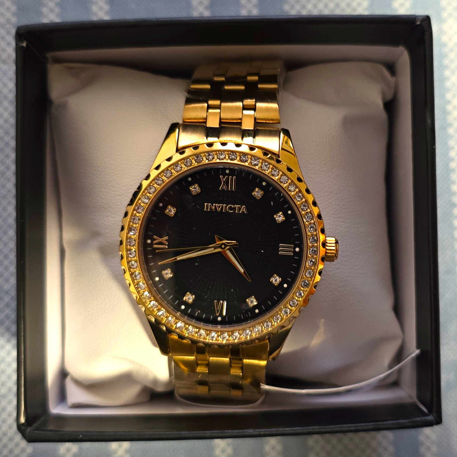Invicta Gold Tone Bracelet Watch Black Dial Gem-Set Bezel Box