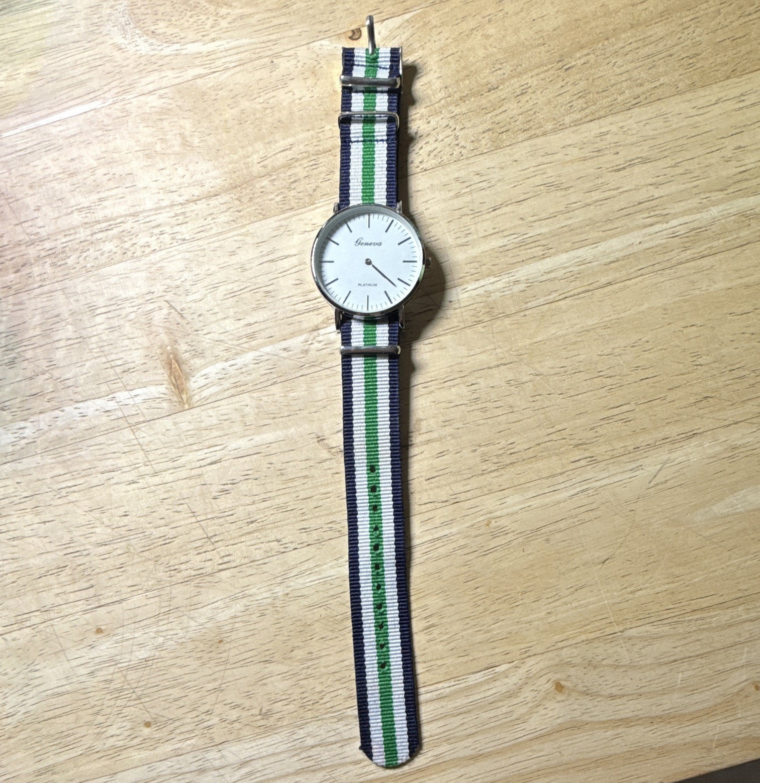 Geneva Platinum Quartz Analog Watch White Dial Blue/White/Green Nylon Strap