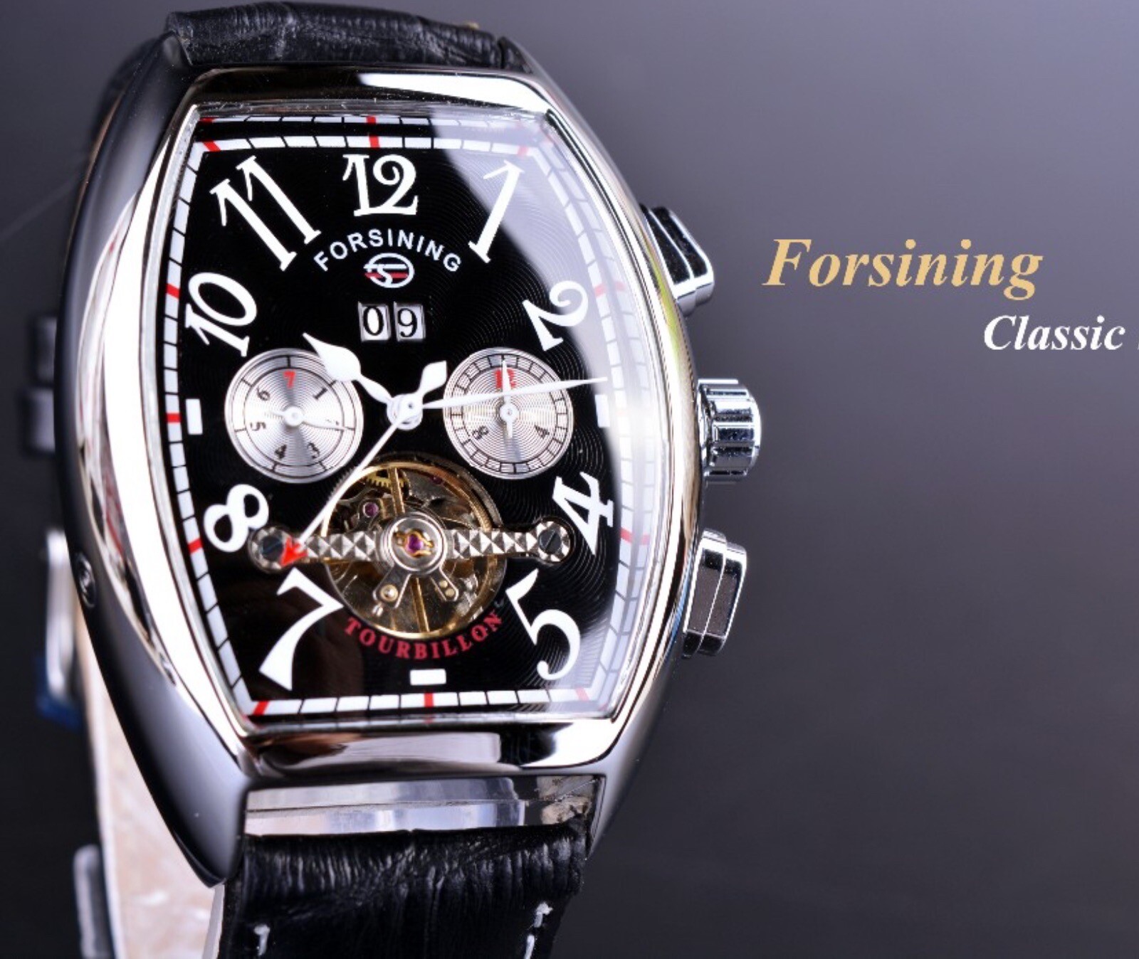 Forsining Automatic Watch Men Sport Tonneau Shaped Leather Waterproof Date Gift