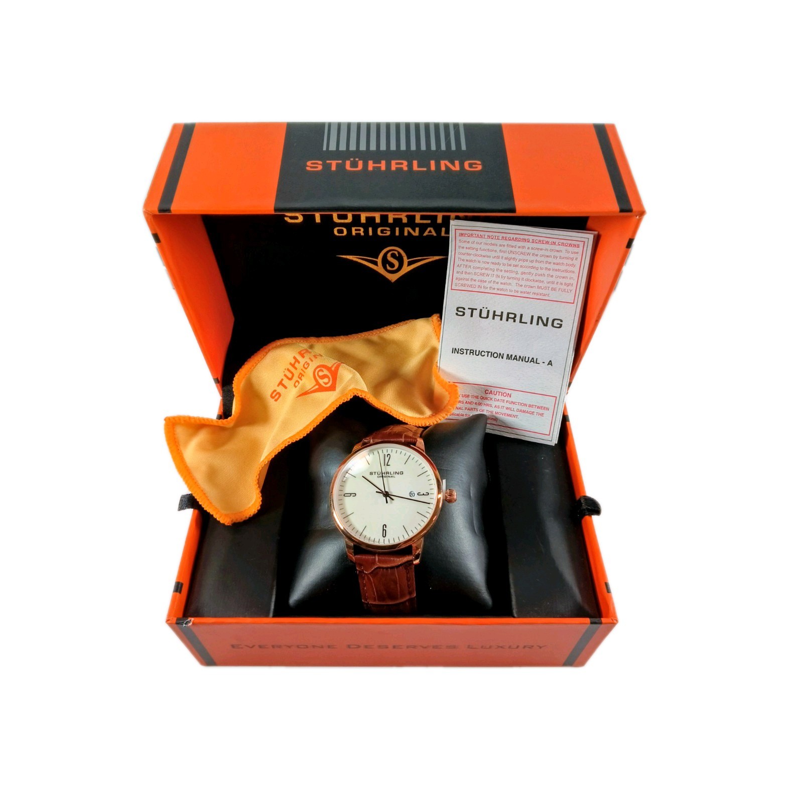 Stuhrling 3997 RARE Rasa Date Brown Embossed Leather Strap Mens Watch
